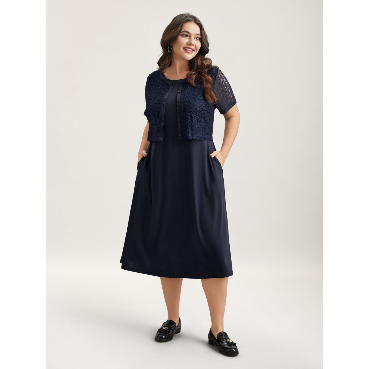 Plus Size 2-in-1 Spliced Button-Front Midi Dress DarkBlue Women Casual Woven ribbon&lace trim Round Neck Short sleeve Curvy BloomChic 18-20/2X Product Image