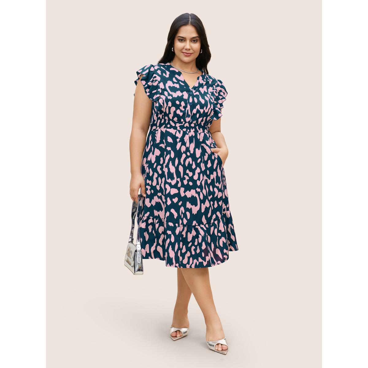 Plus Size Notched Leopard Print Cap Sleeve Ruffles Dress Aegean Women Office Notched collar Cap Sleeve Curvy BloomChic 12/L Product Image