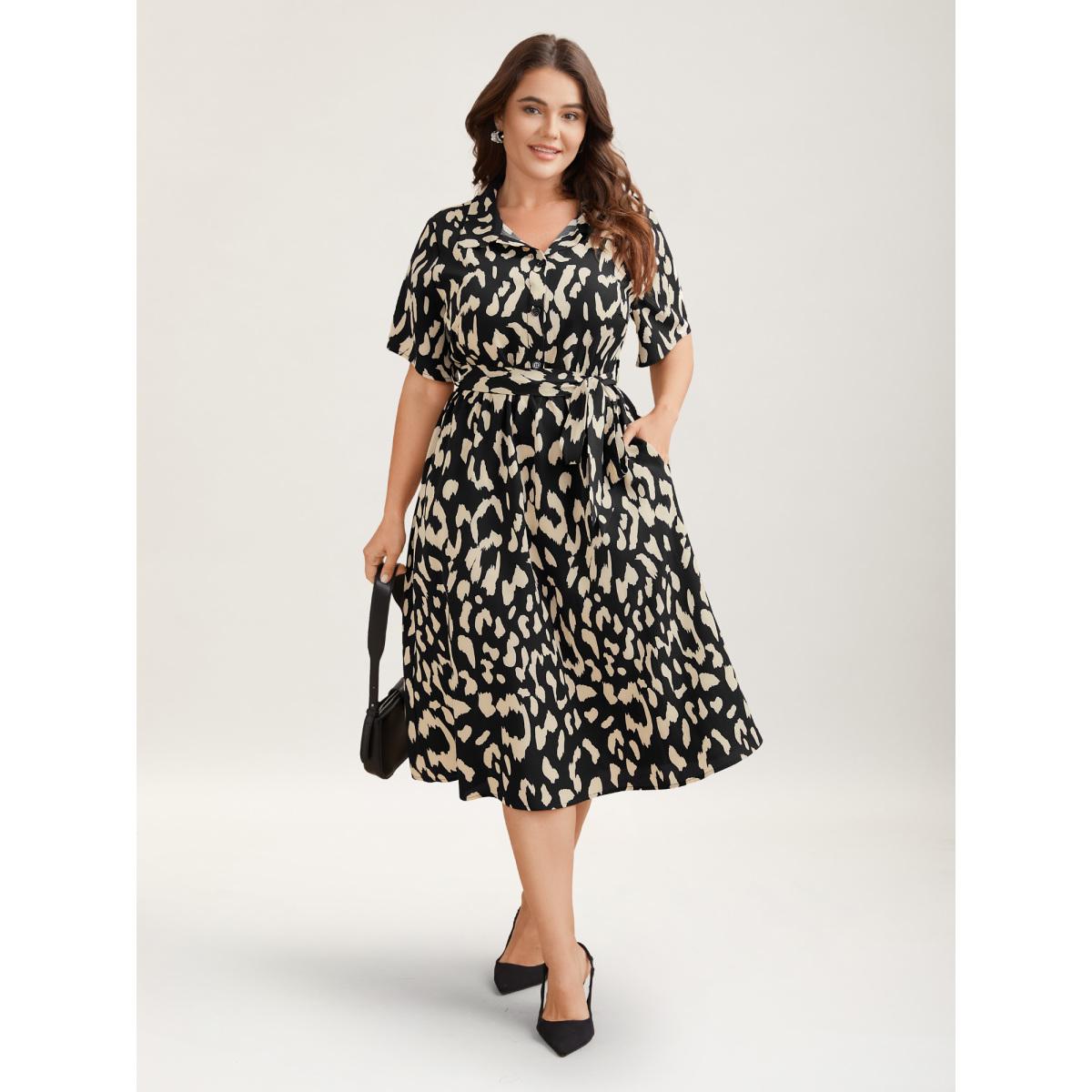 Plus Size Waist-Tie Pockets Shirt Collar Midi Dress Black Women At the Office Belted Shirt collar Short sleeve Curvy BloomChic 30/6X Product Image