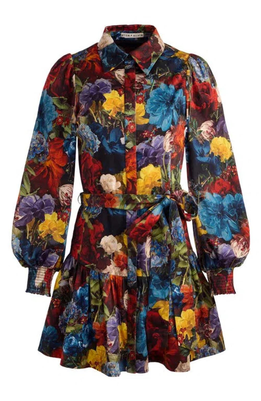 ALICE AND OLIVIA Lily Mini Shirt Dress In Flourish Sm In Multi Product Image