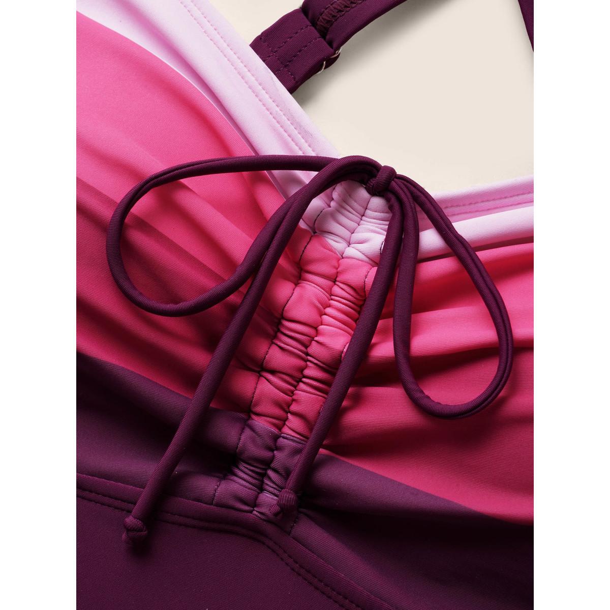 Plus Size Colorblock Contrast Drawstring Gathered Swim Top Women's Swimwear Deeppurple Beach Gathered High stretch Skinny Heart neckline Curve Swim Tops BloomChic 22-24/3X Product Image