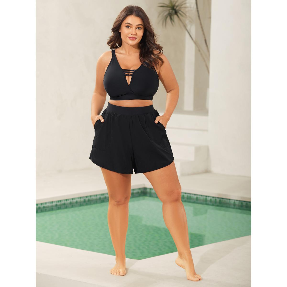 Plus Size Pleated Pockets Solid Swim Bottoms Women's Swimwear Black Resort High stretch Bodycon High Rise Patch pocket Curve Swim Bottoms BloomChic 12/L Product Image