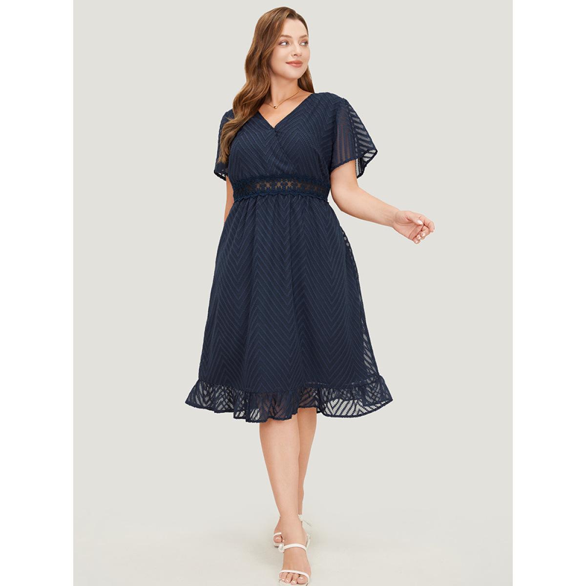 Plus Size Plain Geometric Pocket Wrap Mesh Lace Insert Ruffle Dress Indigo Women Elegant Lined V-neck Short sleeve Curvy Knee Dress BloomChic 30/6X Product Image