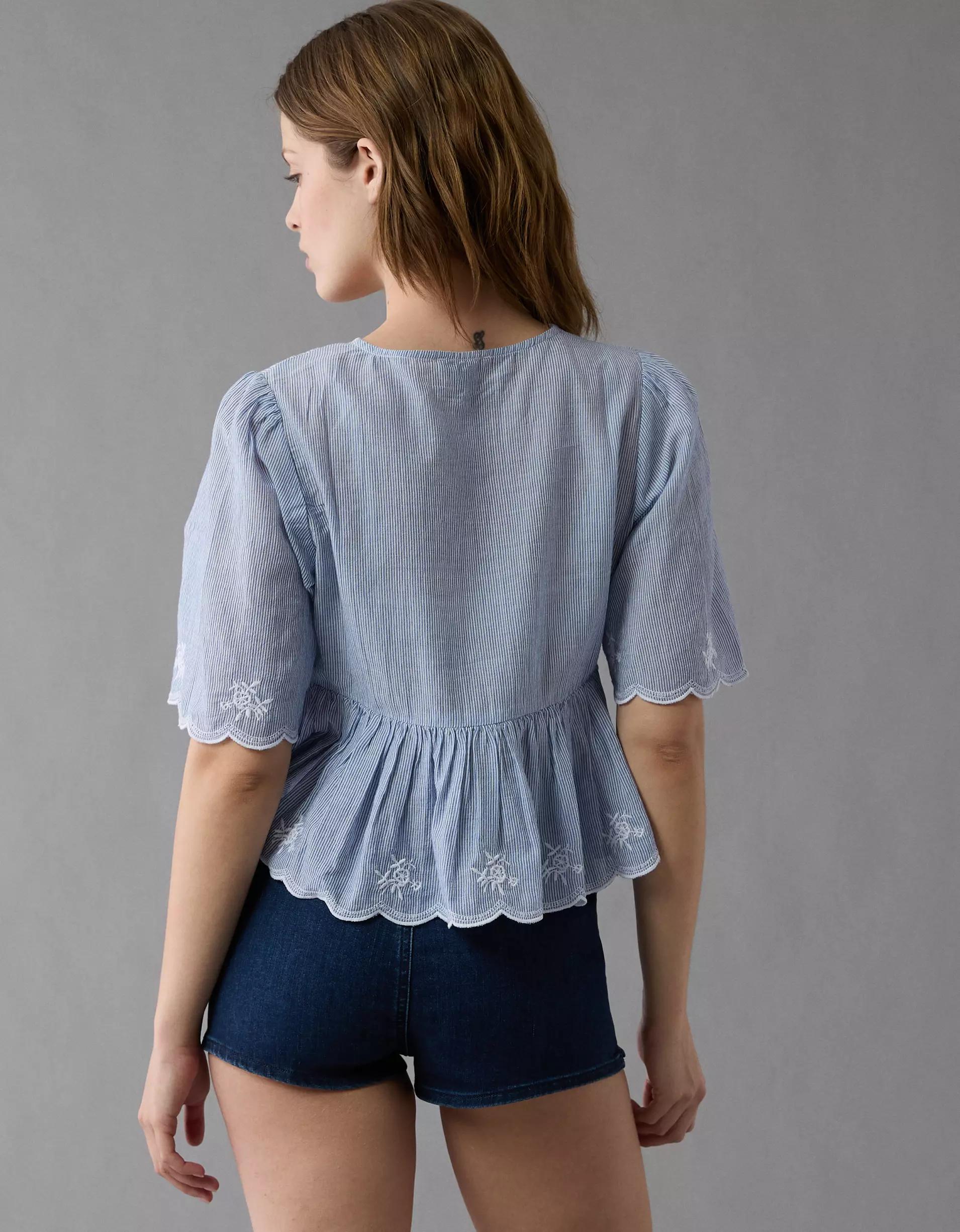 AE Embroidered Tie Front V-Neck Blouse Product Image