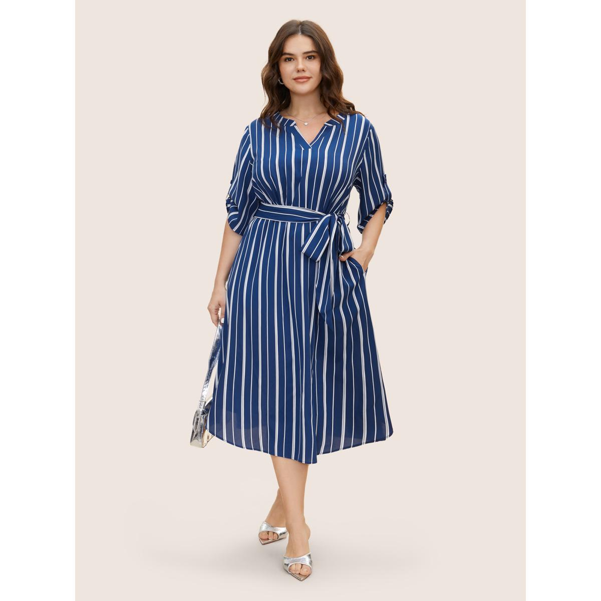 Plus Size Notched Striped Button Cuff Sleeve Dress Mediumblue Women Workwear Essentials Belted Flat collar with V-notch Half Sleeve Curvy BloomChic 12/L Product Image