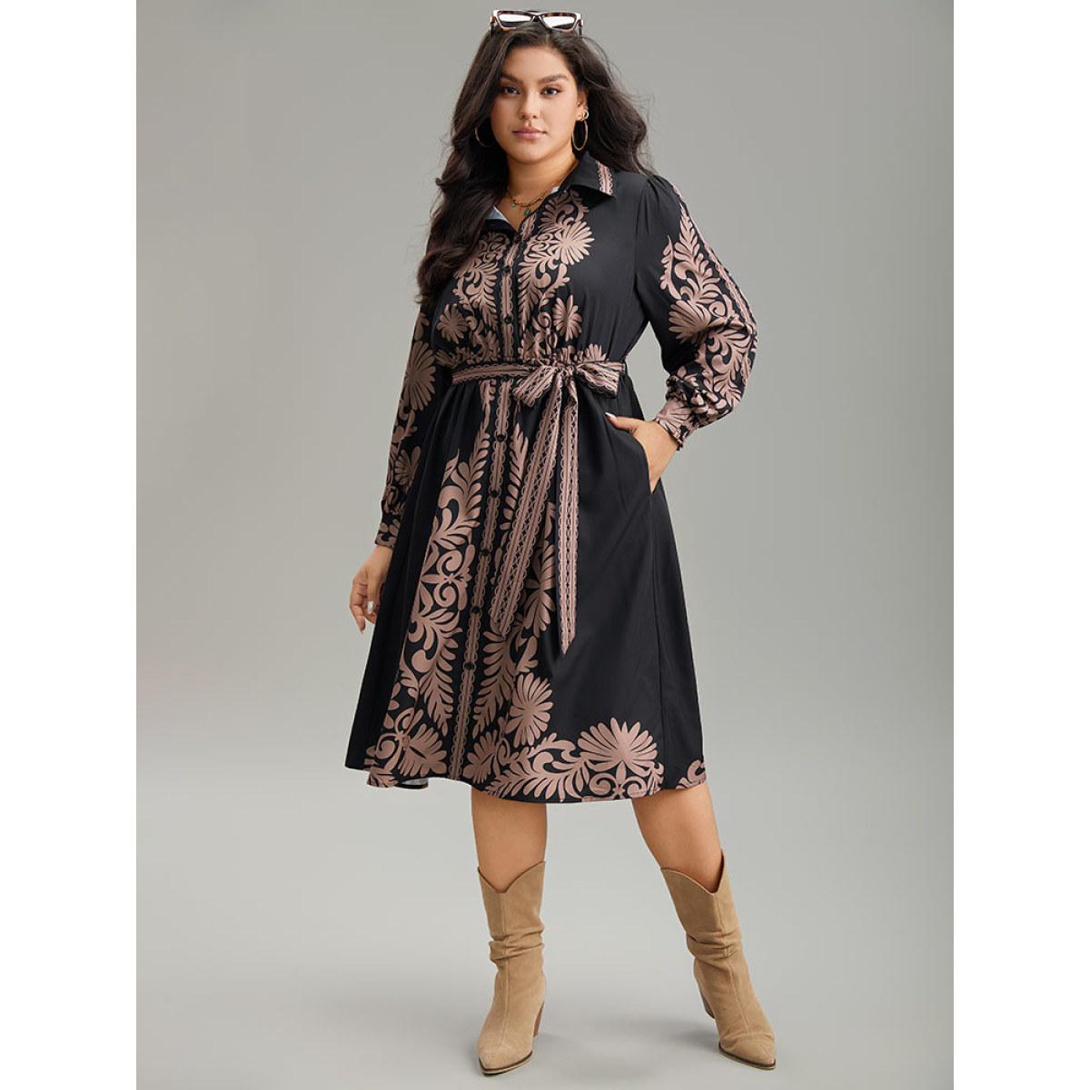 Plus Size Boho Print Shirt Collar Belted Dress Black Women Vacation Belted Shirt collar Long Sleeve Curvy Midi Dress BloomChic 28/5X Product Image