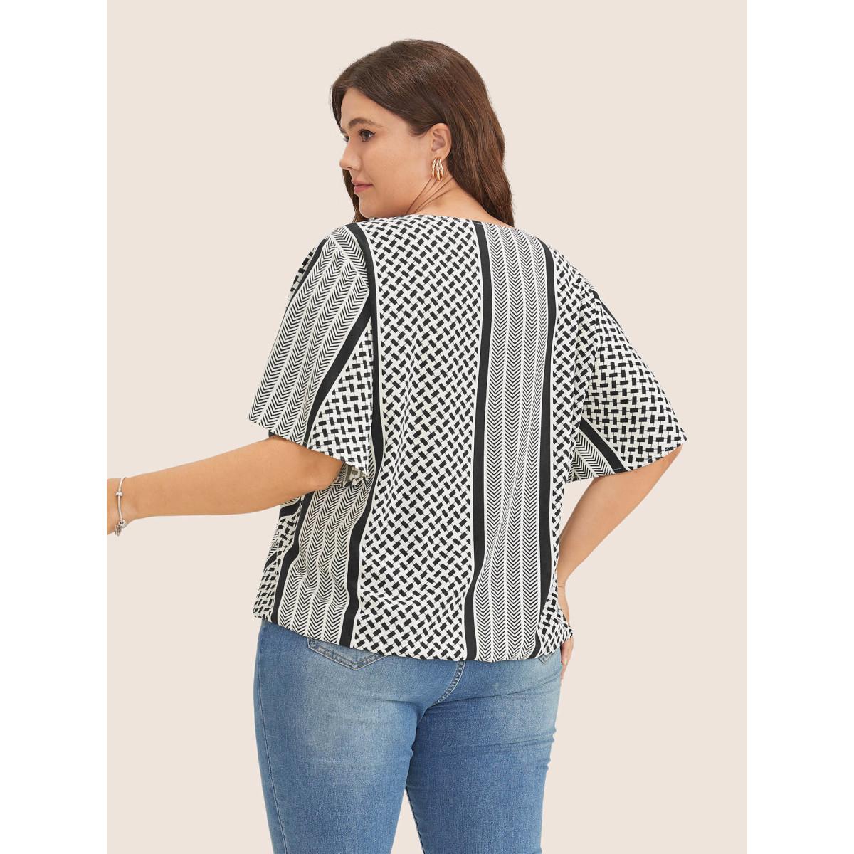 Plus Size Black Geometric Contrast Ruffle Sleeve Wrap Blouse Women Resort Short sleeve Overlap Collar Vacation Blouses BloomChic 26/4X Product Image