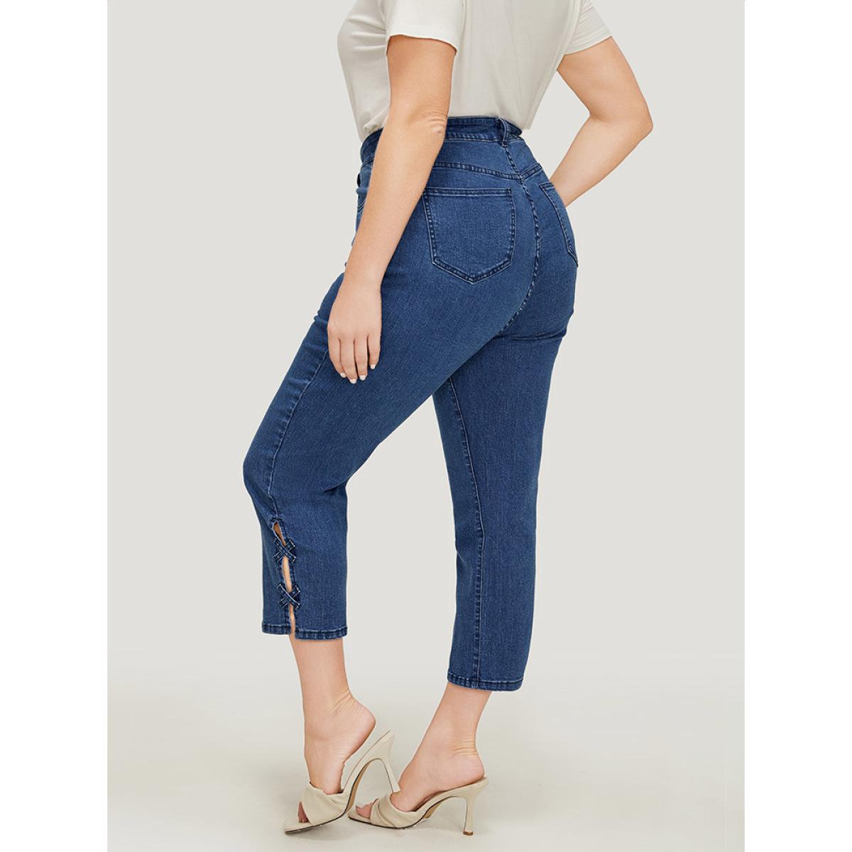 Plus Size Very Stretchy Medium Wash Patched Detail Cut Out Jeans Women Blue Casual Plain Cut-Out High stretch Pocket Jeans BloomChic 12/L Product Image