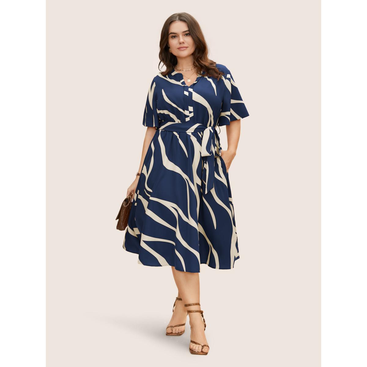 Plus Size Geometric Surplice Neck Tie Knot Midi Dress Navy Women At the Office Belted Flat collar with V-notch Short sleeve Curvy BloomChic 10/M Product Image