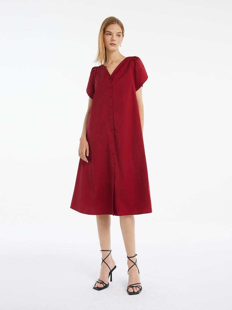 Petal Sleeves Gathered Waist V-Neck Women Midi Dress With Belt Product Image