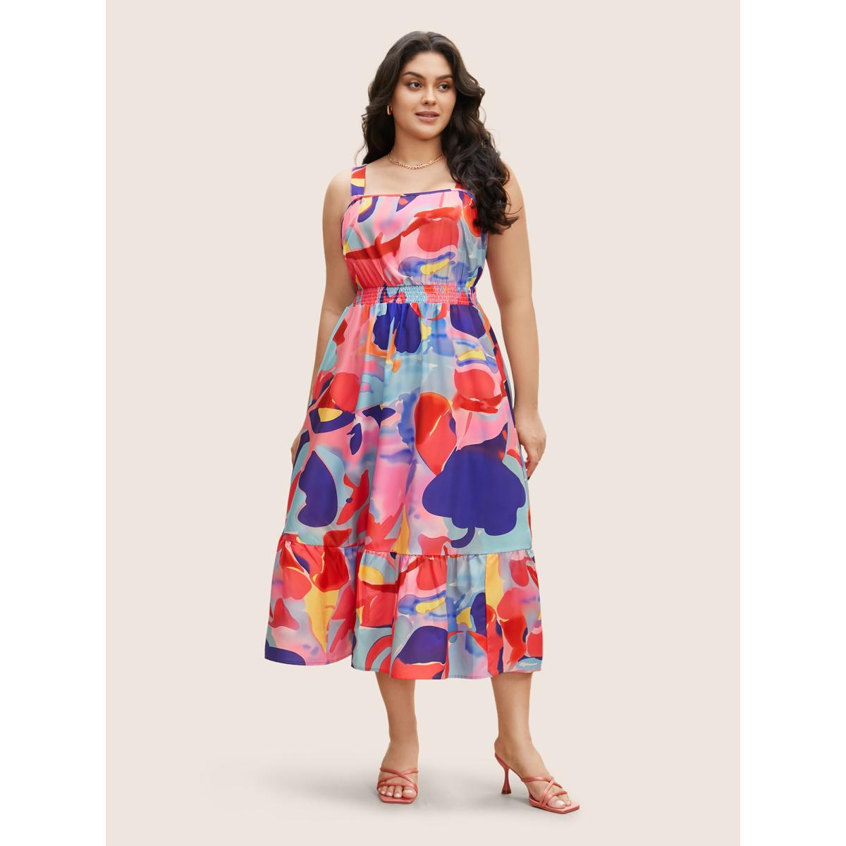 Plus Size Square Neck Watercolor Floral Shirred Cami Dress Peach Women Elegant Shirred Square Neck Sleeveless Curvy BloomChic 26/4X Product Image