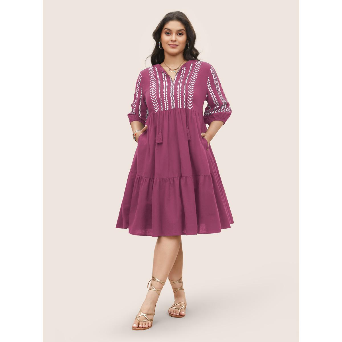 Plus Size Cotton Geometric Bandana Print Tassel Trim Dress Russet Women Resort Non V-neck Short sleeve Curvy Knee Dress BloomChic 12/L Product Image