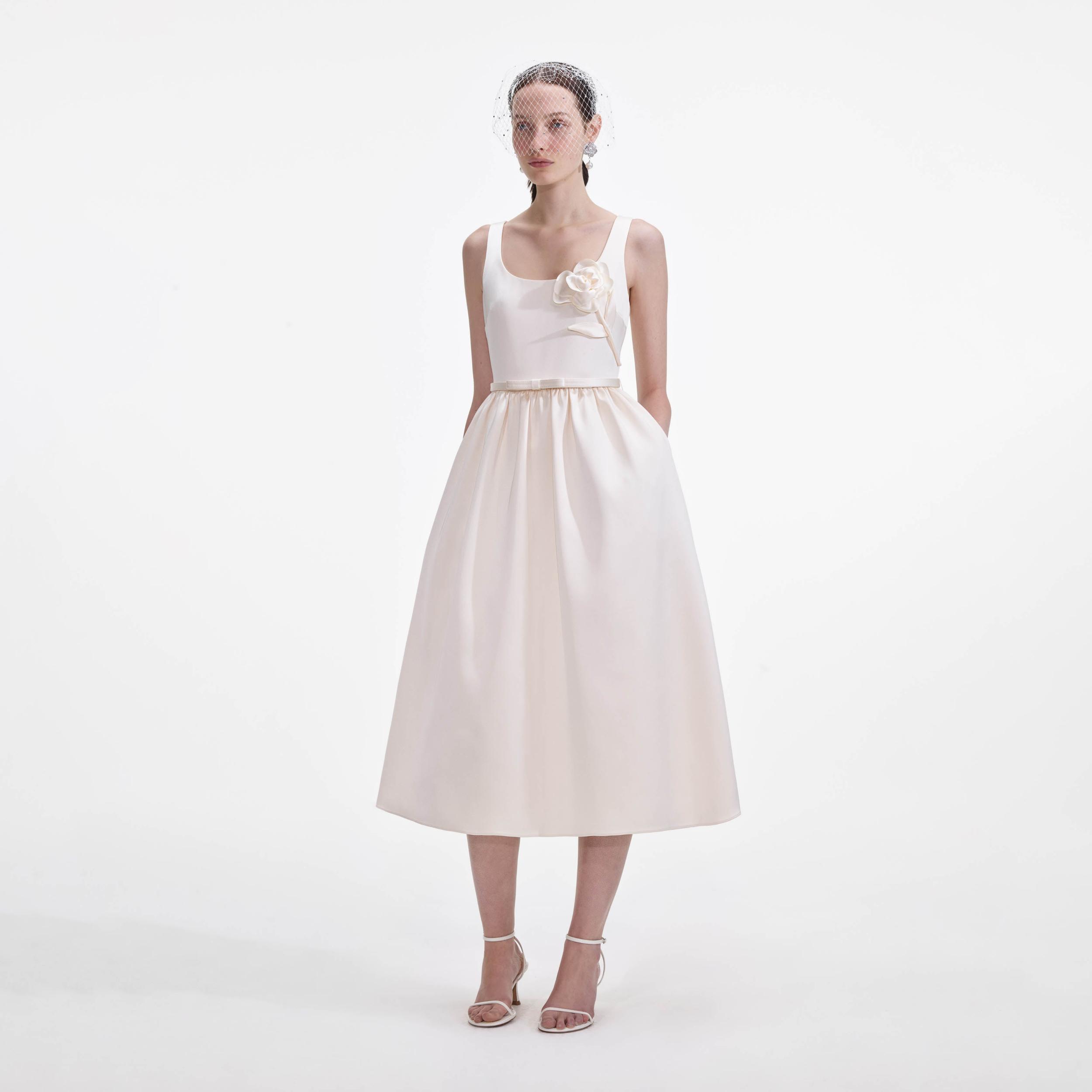 Cream Satin Flower Midi Dress Product Image