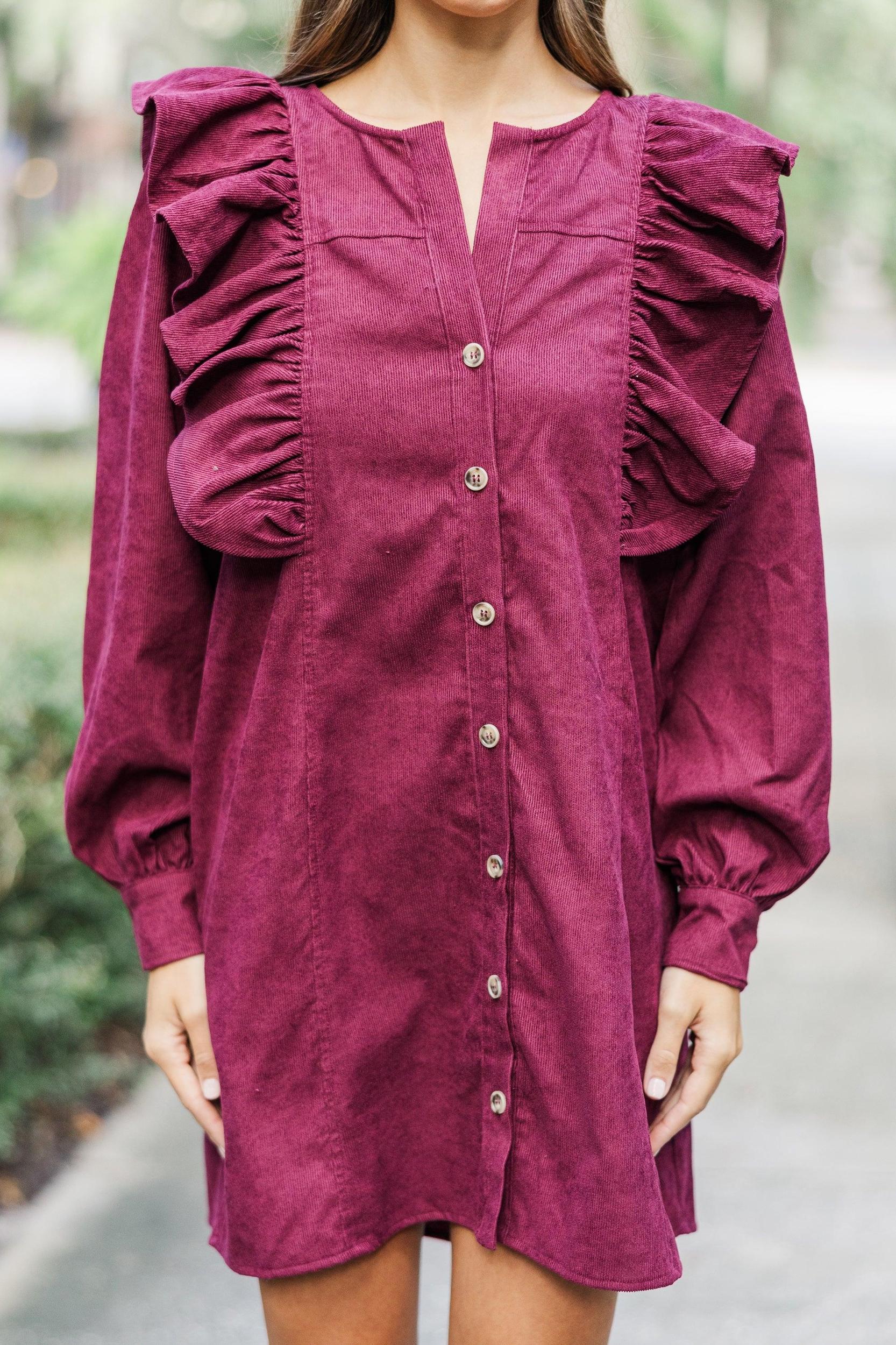 Never Too Late Burgundy Red Corduroy Dress Female Product Image