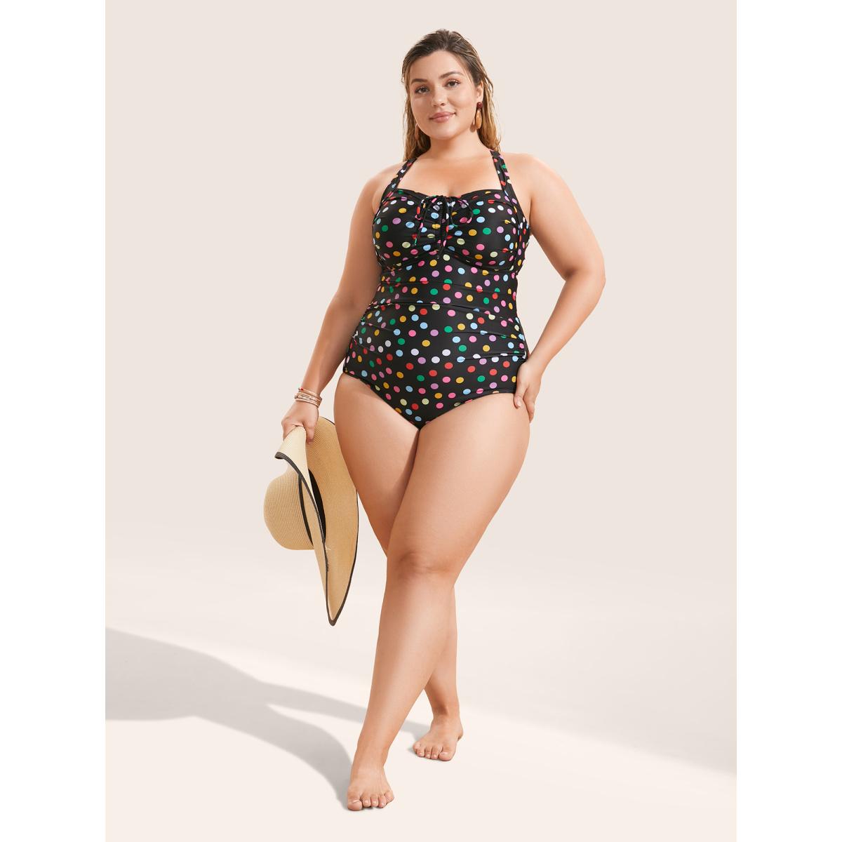 Plus Size Colored Polka Dot Ties Ruched One Piece Swimsuit Women's Swimwear Black Beach Tie knot Curve Bathing Suits High stretch One Pieces BloomChic 28/5X Product Image