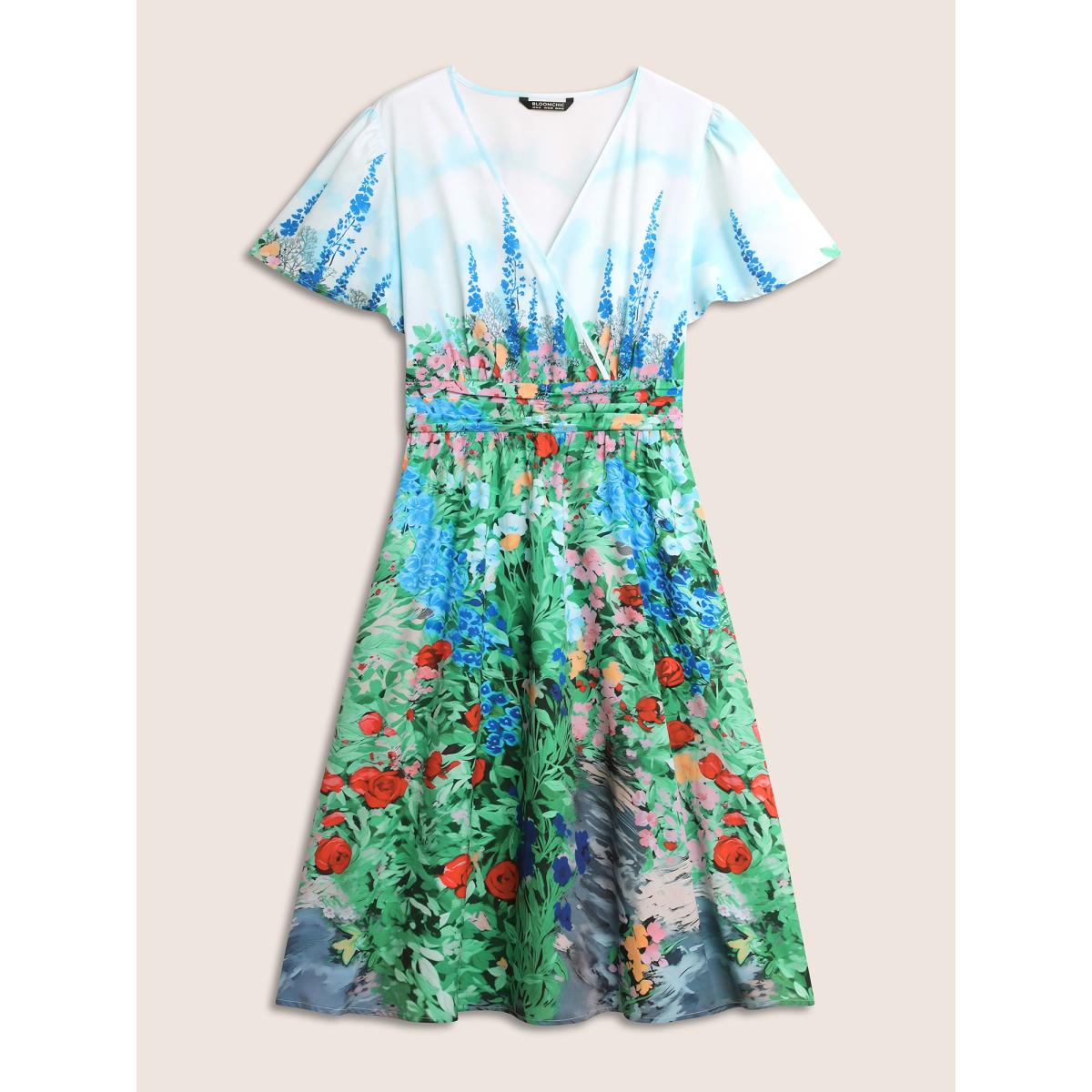 Plus Size Surplice Neck Floral Ruched Midi Dress Multicolor Women Elegant Gathered Overlap Collar Short sleeve Curvy BloomChic 18-20/2X Product Image