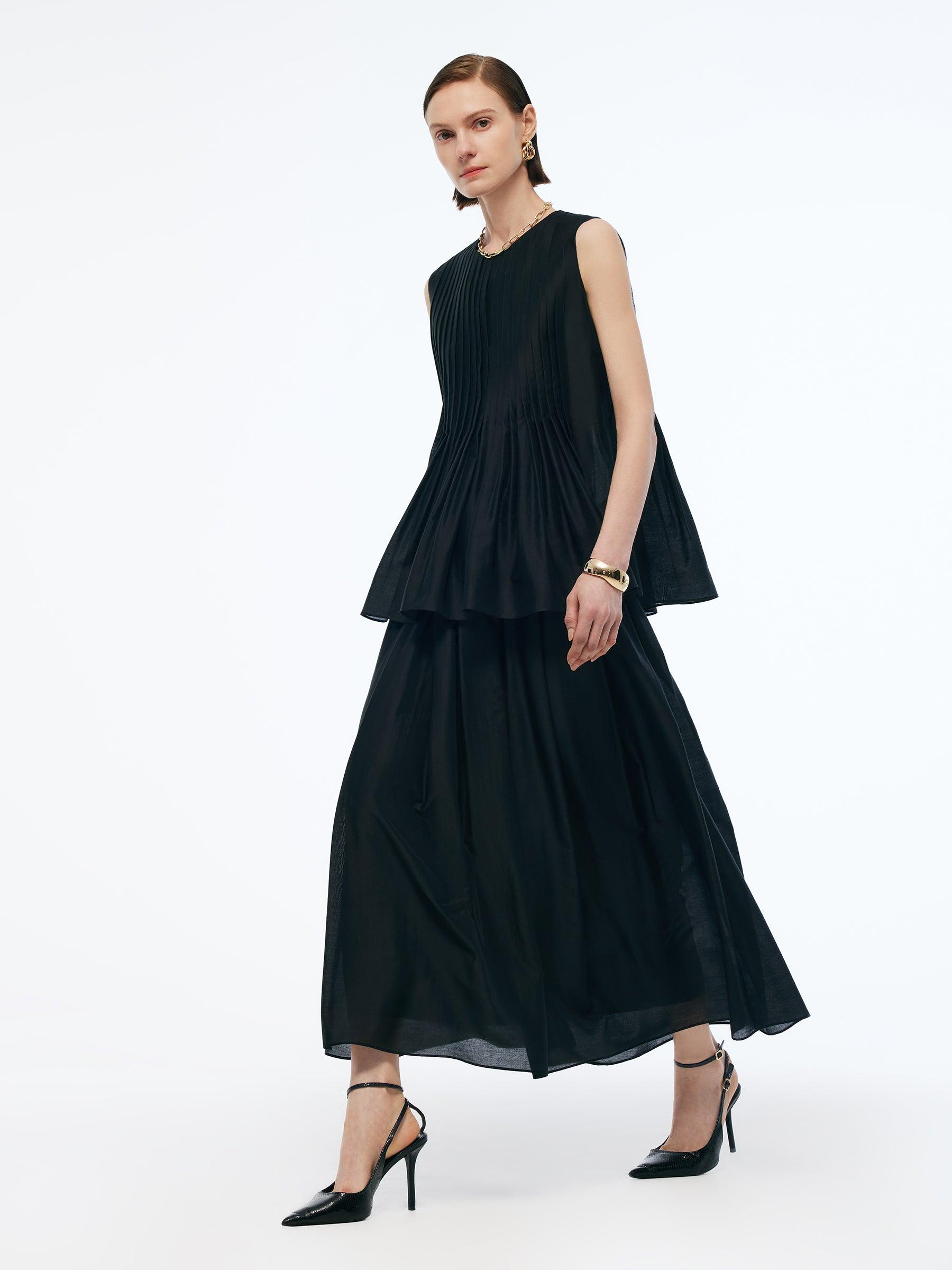 Tencel Blend Ruffle Hem Pleated Tank Top And A-Line Skirt Two-Piece Se Product Image