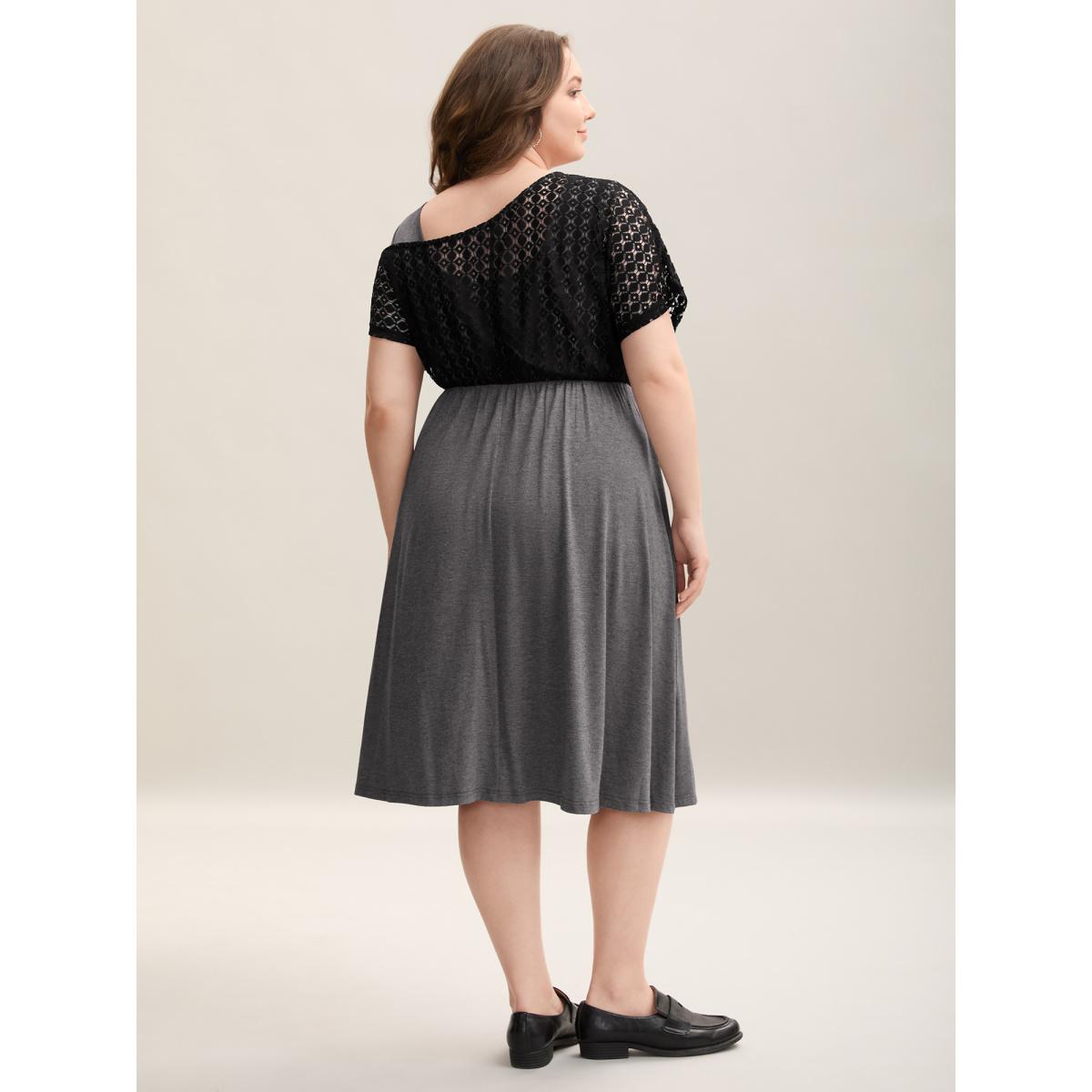 Plus Size Plain Weave One-Shoulder Knit Midi Dress DarkGray Women Casual Texture Asymmetrical Neck Short sleeve Curvy BloomChic 22-24/3X Product Image
