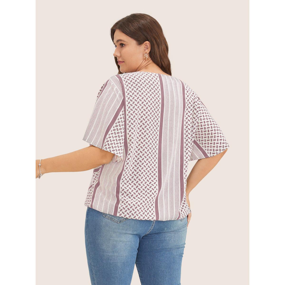 Plus Size DustyPink Geometric Contrast Ruffle Sleeve Wrap Blouse Women Resort Short sleeve Overlap Collar Vacation Blouses BloomChic 18-20/2X Product Image