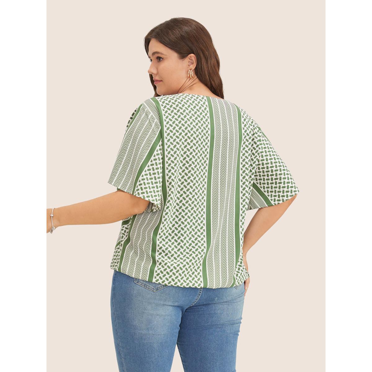 Plus Size Moss Geometric Contrast Ruffle Sleeve Wrap Blouse Women Resort Short sleeve Overlap Collar Vacation Blouses BloomChic 30/6X Product Image
