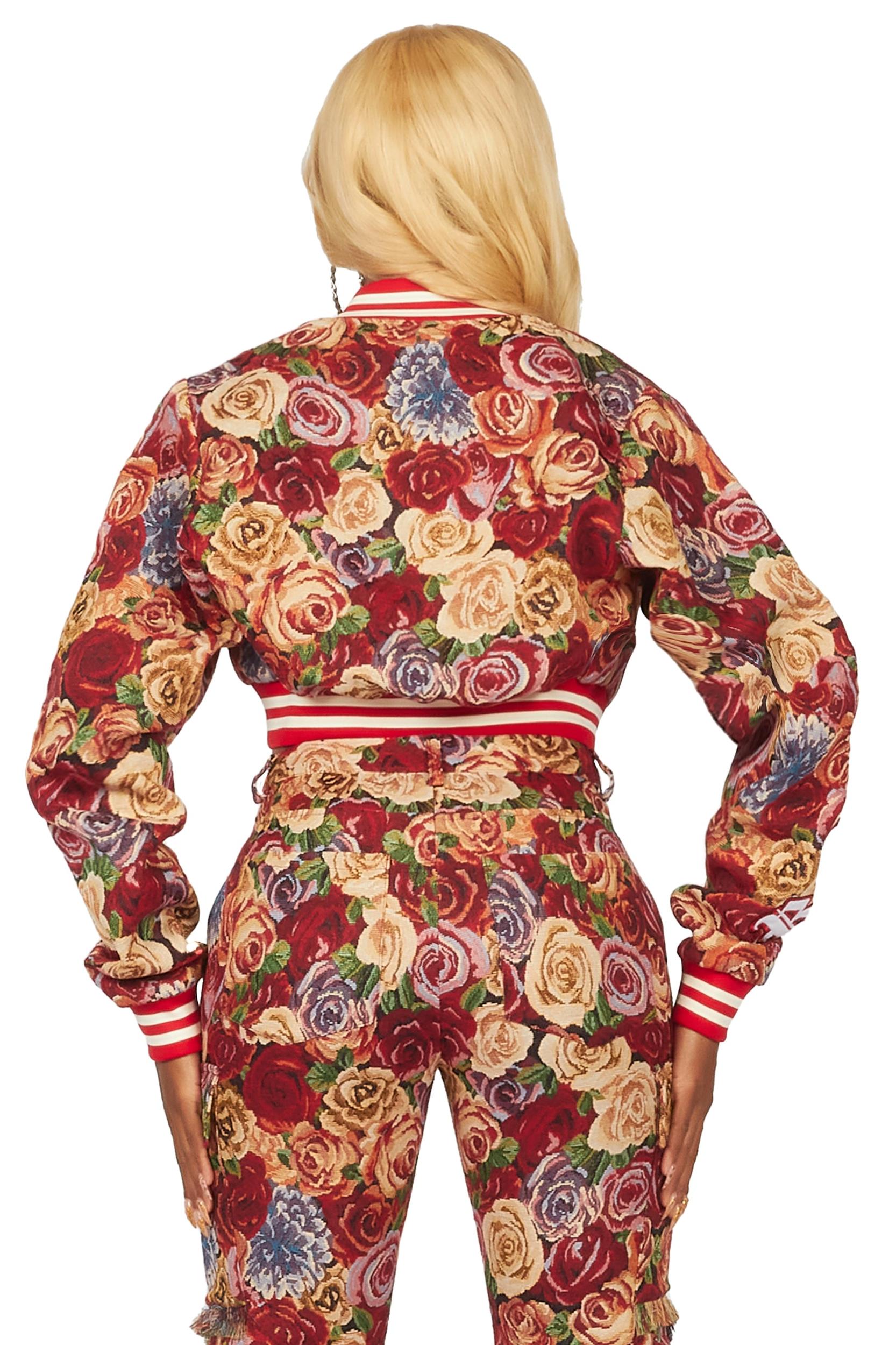 Darresha Red Crop Tapestry Varsity Jacket Female Product Image