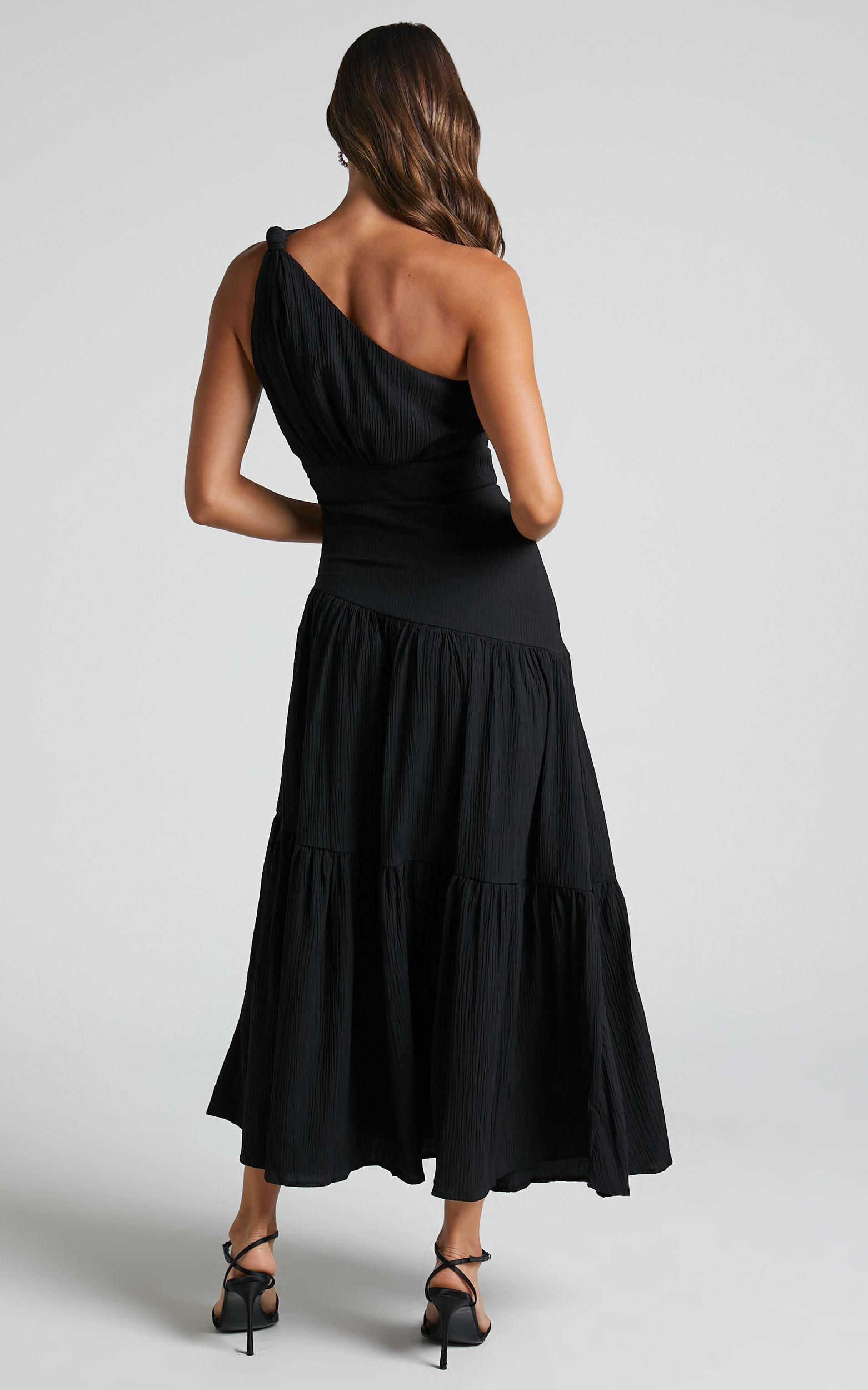 Celestia Midi Dress - Tiered One Shoulder Dress in Black Product Image