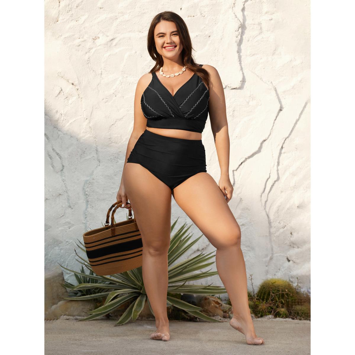 Plus Size Embroidered Surplice Neck Adjustable Swim Top Women's Swimwear Black Resort High stretch Skinny Overlap Collar Curve Swim Tops BloomChic 26/4X Product Image