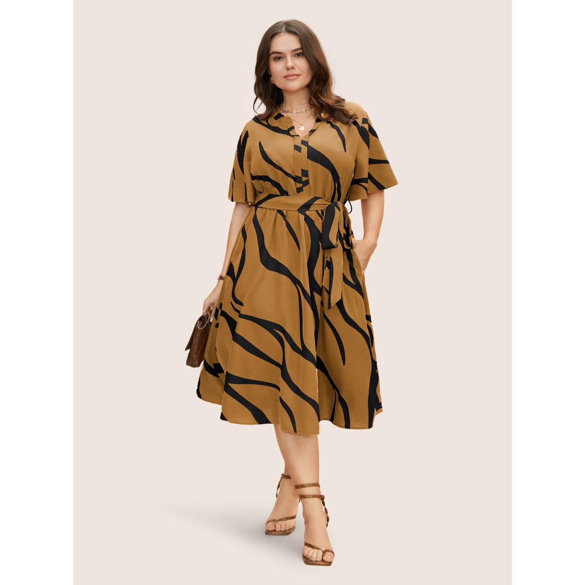 Plus Size Geometric Surplice Neck Tie Knot Midi Dress Wheat Women At the Office Belted Flat collar with V-notch Short sleeve Curvy BloomChic 18-20/2X Product Image