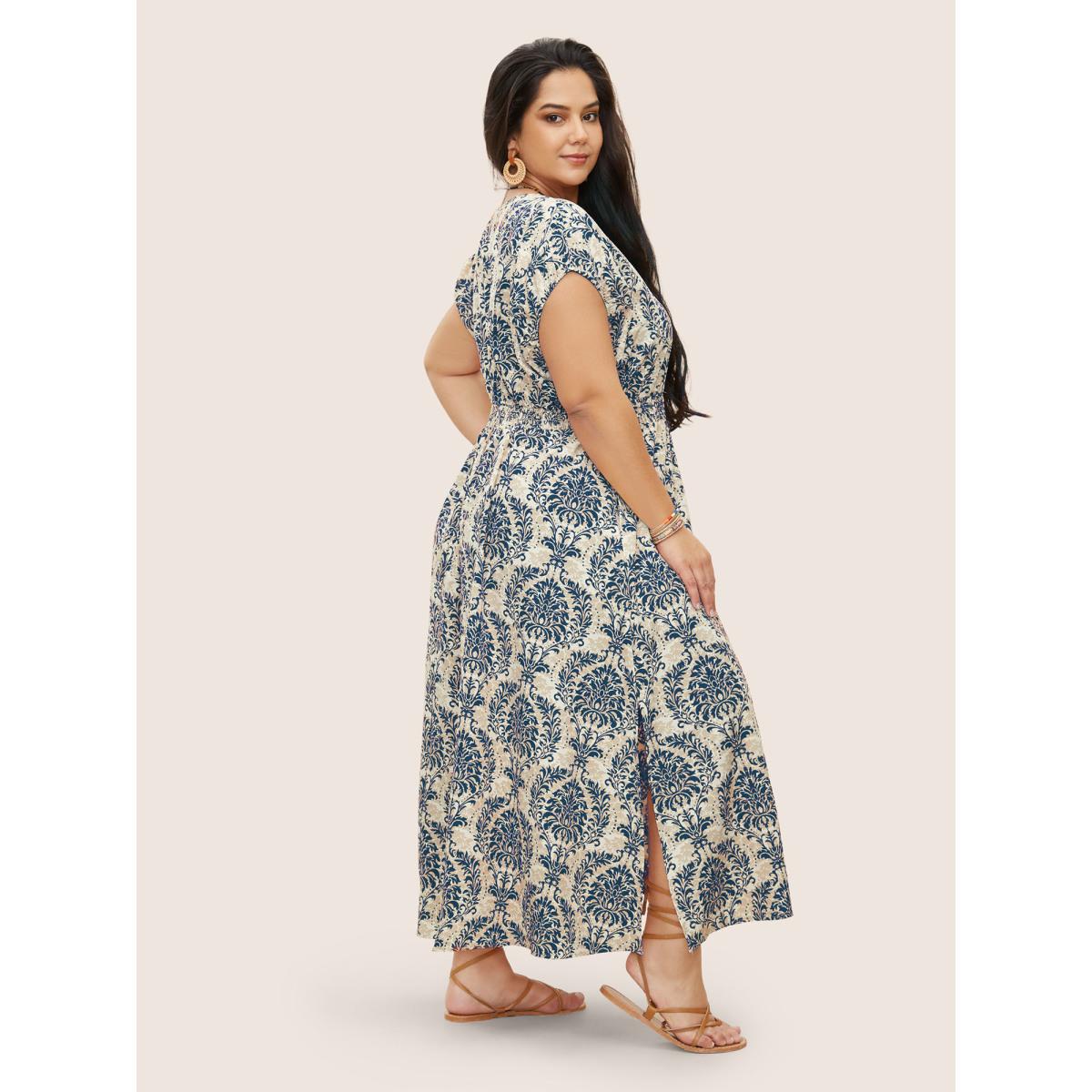 Plus Size Moroccan Print Shirred Slit Hem Dress DarkBlue Women Resort Slit V-neck Cap Sleeve Curvy Long Dress BloomChic 14-16/1X Product Image