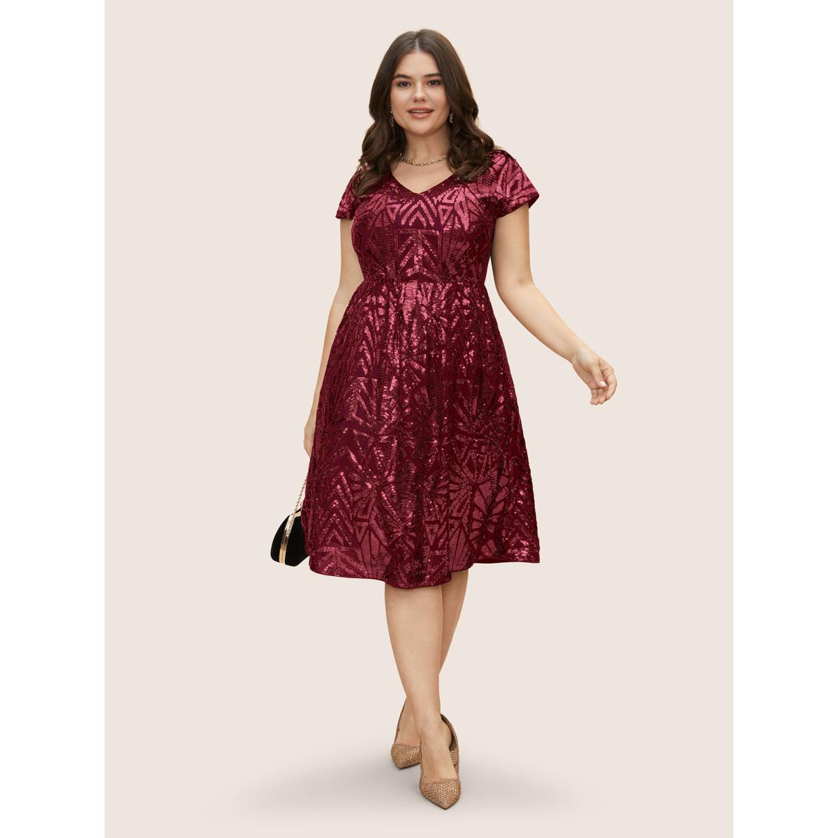 Plus Size Geometric Sequin Dolman Sleeve Midi Dress Burgundy Women Cocktail Non V-neck Cap Sleeve Curvy BloomChic 26/4X Product Image