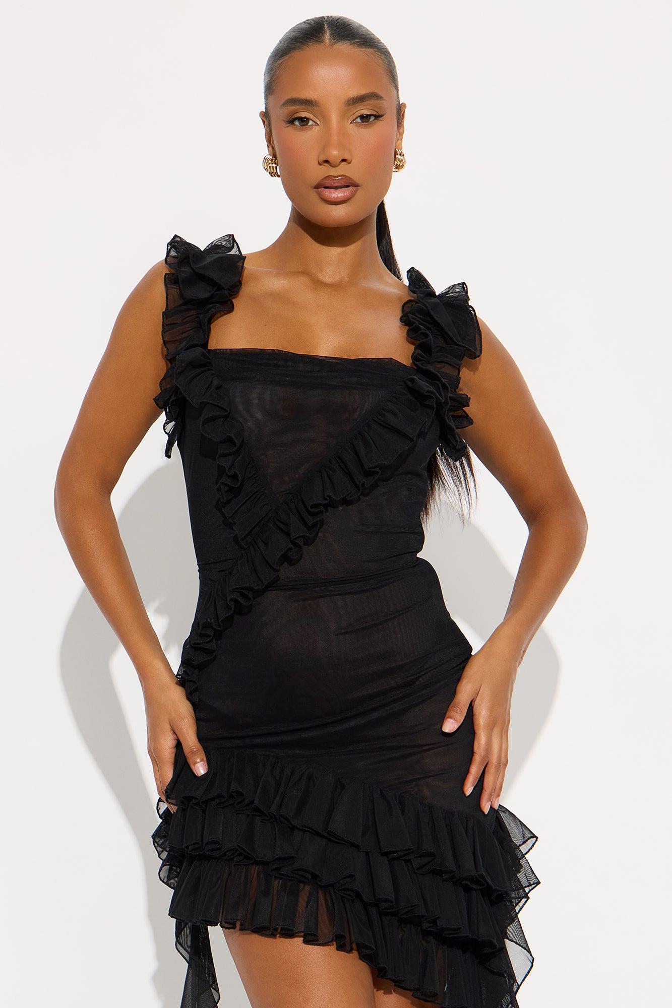 Tall Gabrielle Ruffled Mini Dress - Black Female Product Image