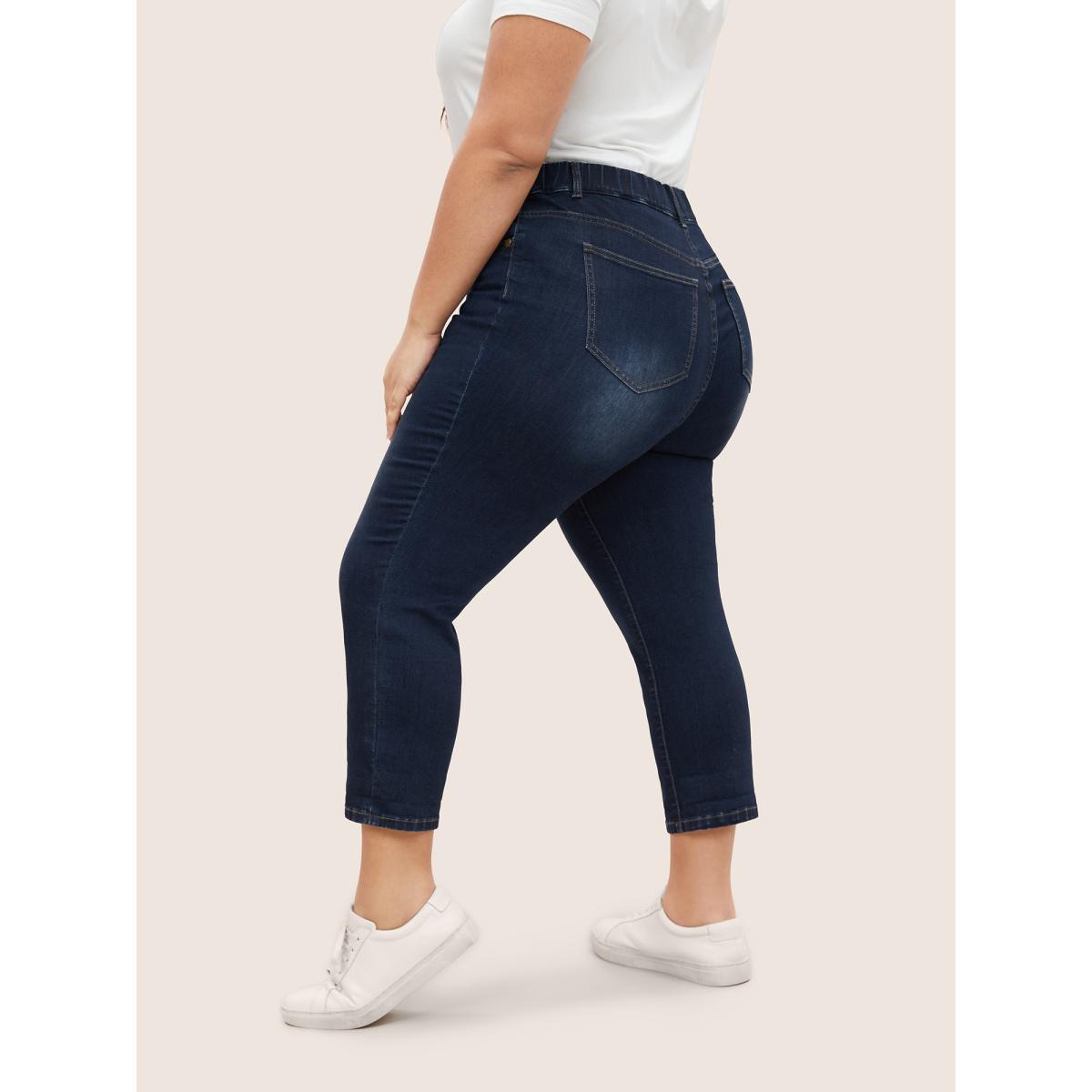 Plus Size Dark Wash Elastic Waist Roll Hem Jeans Women Midnight Casual Roll Hem High stretch Slanted pocket Jeans BloomChic 30/6X Product Image