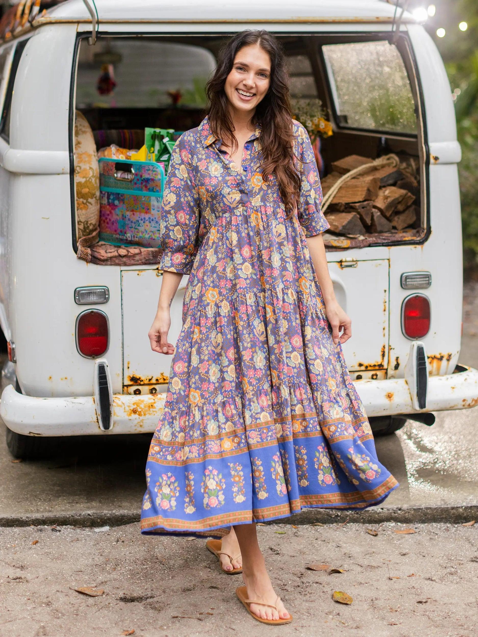 Rebecca Midi Dress - Blue Yellow Roses Product Image