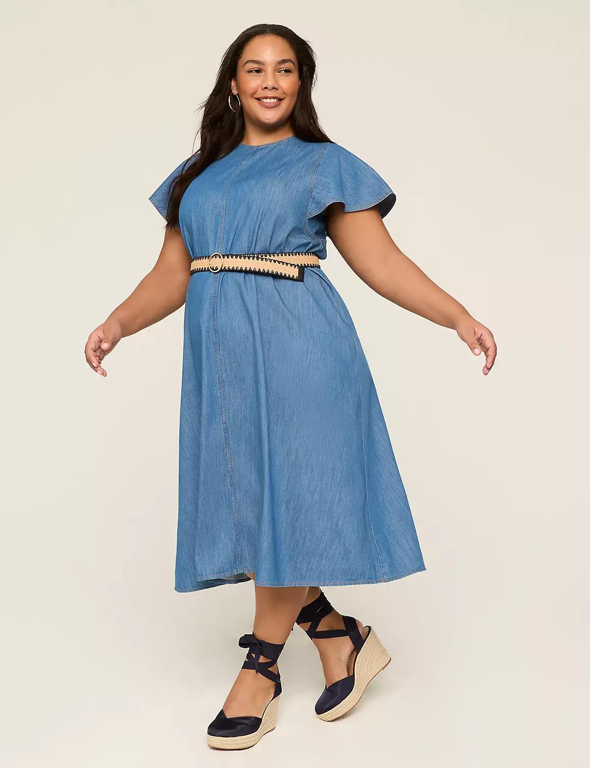 Denim Flutter-Sleeve A-Line Dress Product Image