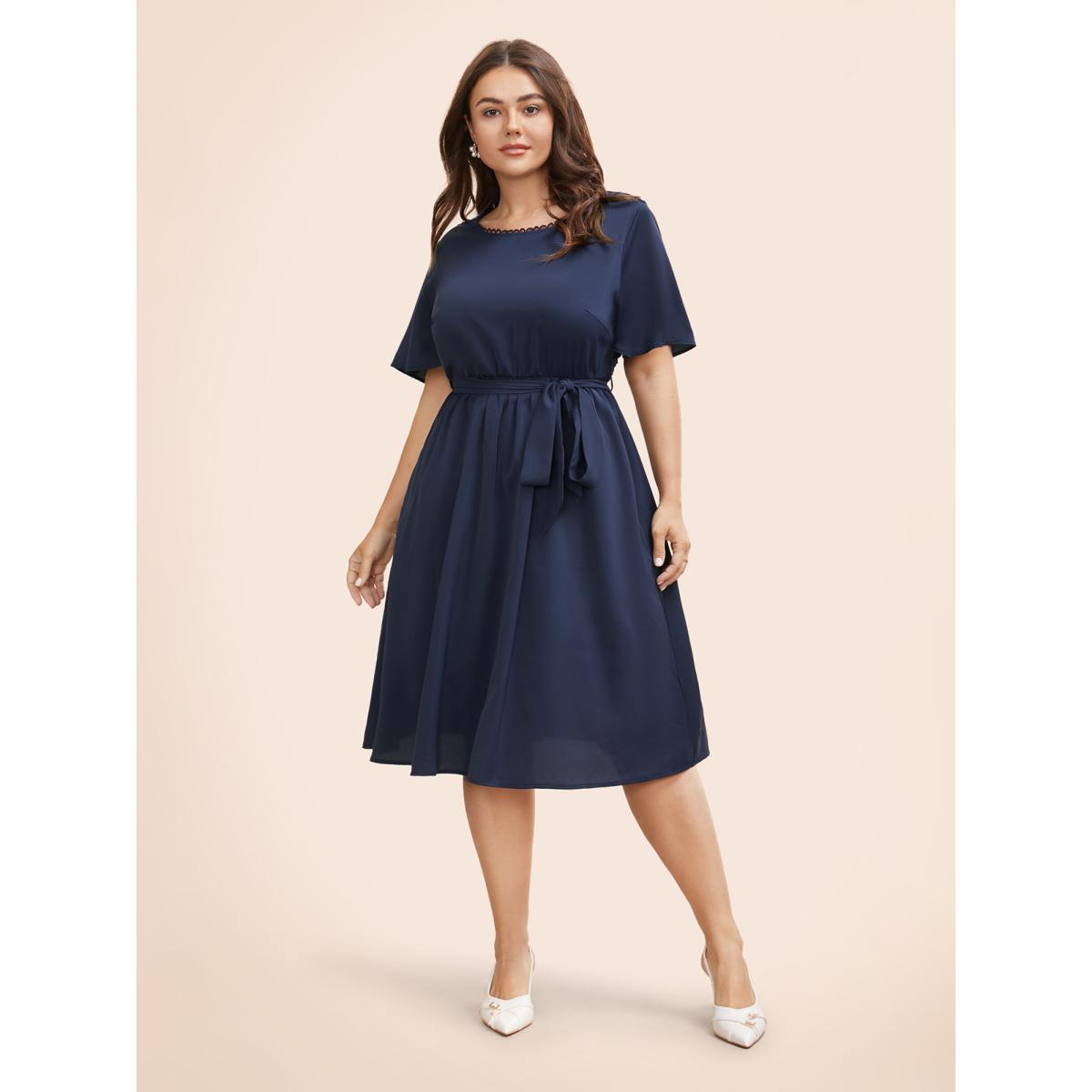 Plus Size Round Neck Lace Patchwork Ruffle Sleeve Dress DarkBlue Women Elegant Woven ribbon&lace trim Round Neck Short sleeve Curvy BloomChic 26/4X Product Image