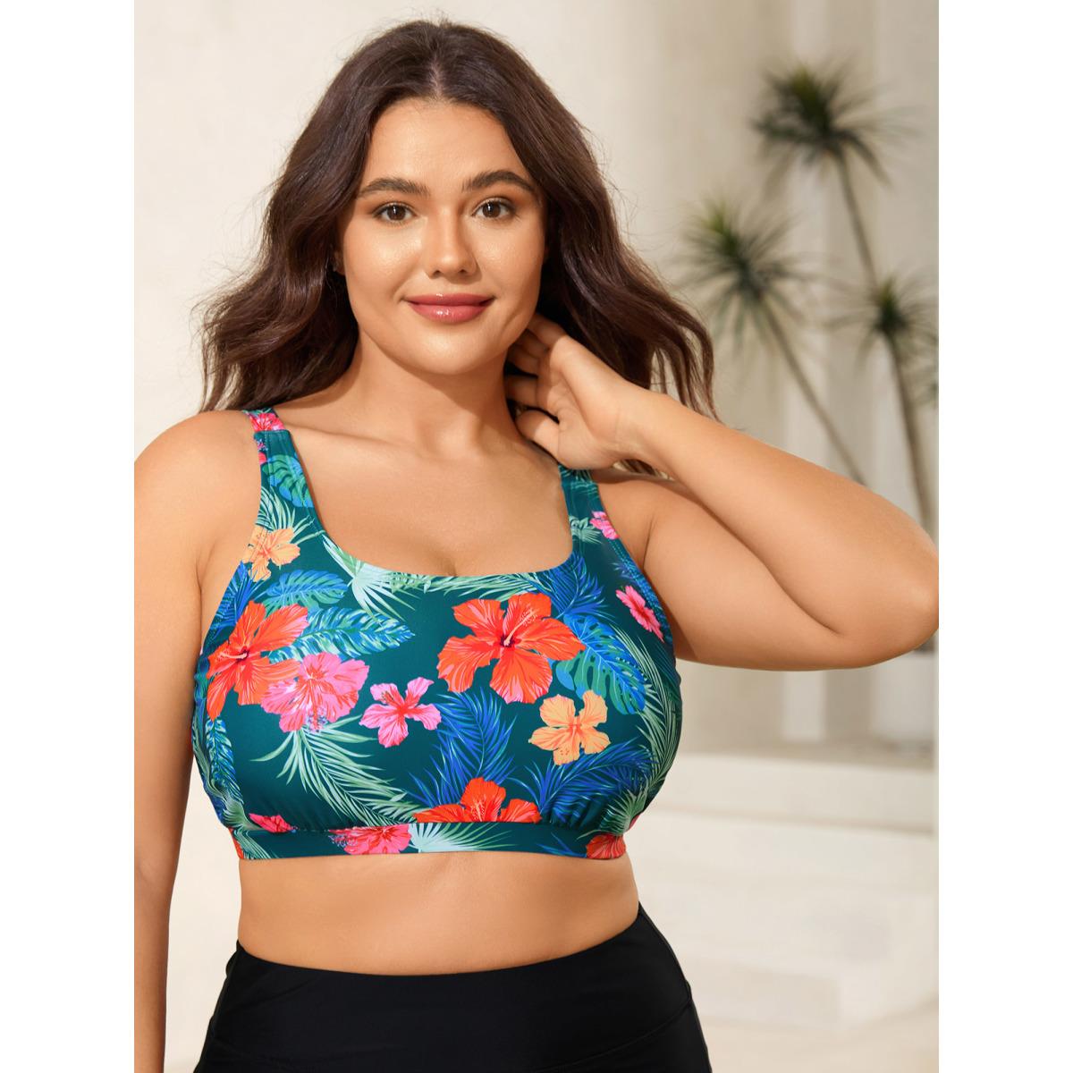 Plus Size Two-Piece Tropical Print Swim Top Women's Swimwear Cyan Beach Drawstring High stretch Bodycon U-neck Curve Swim Tops BloomChic 28/5X Product Image