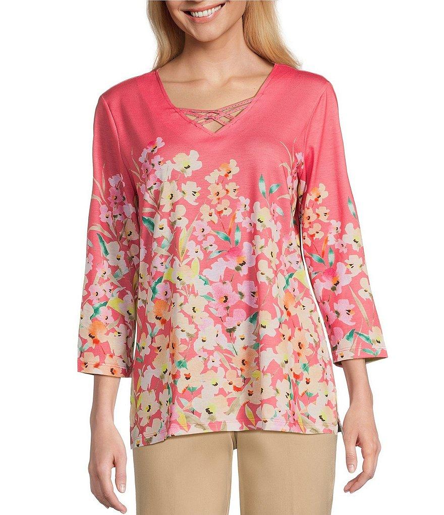 Allison Daley Petite Size Living Floral Print 3/4 Sleeve Criss Cross V-Neck Knit Top Product Image