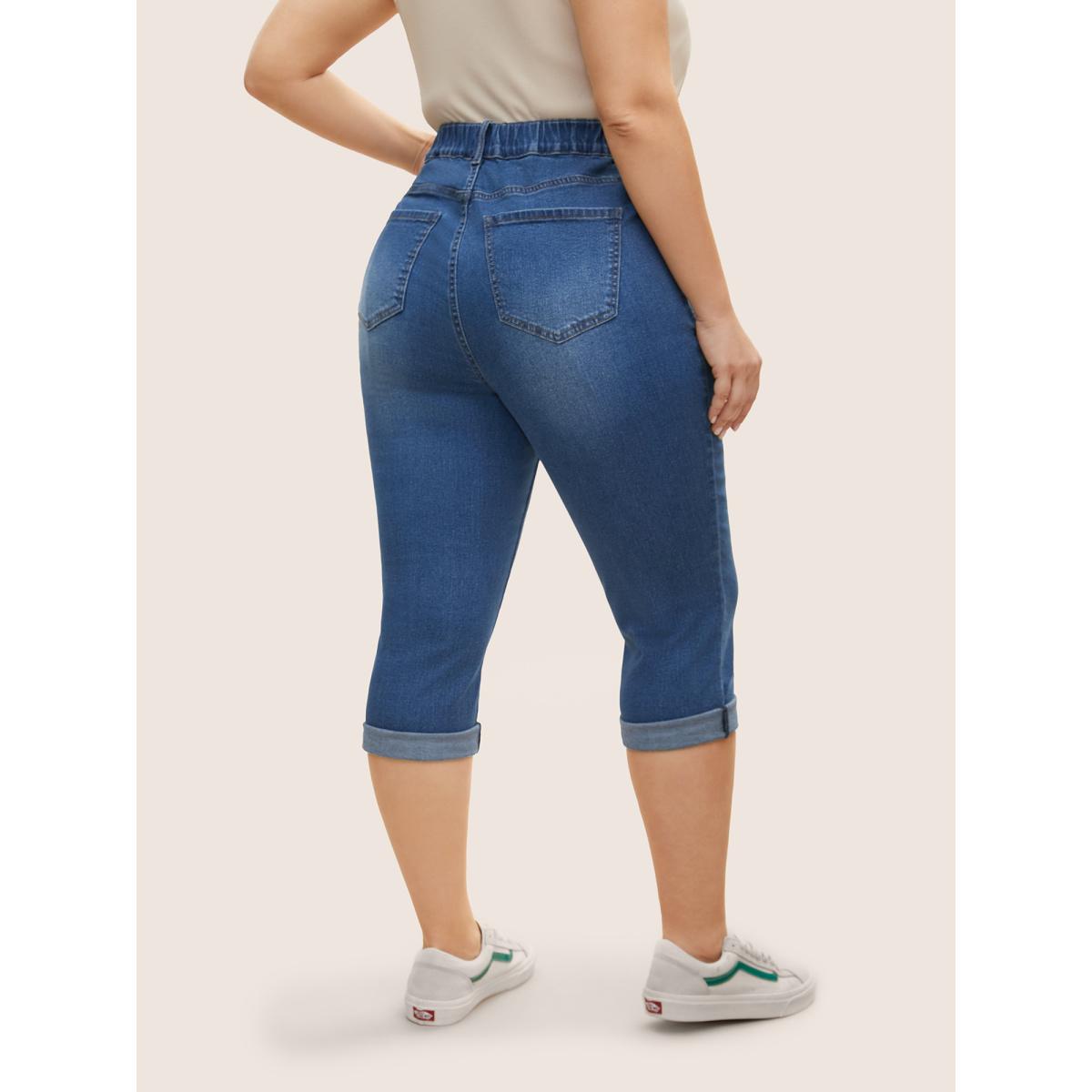 Plus Size Medium Wash Roll Hem Pull On Jegging Jeans Women Denimblue Casual Roll Hem Medium stretch Slanted pocket Jeans BloomChic 14/1X Product Image