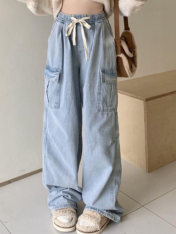 Light Wash Multi Pocket Drawstring Cargo Jeans Product Image