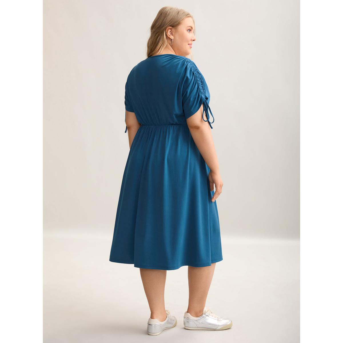Plus Size Drawstring Shoulder Surplice Neck Stretchy Midi Dress Cyan Women Casual Drawstring Knit Dresses Bloomchic 10/M Product Image