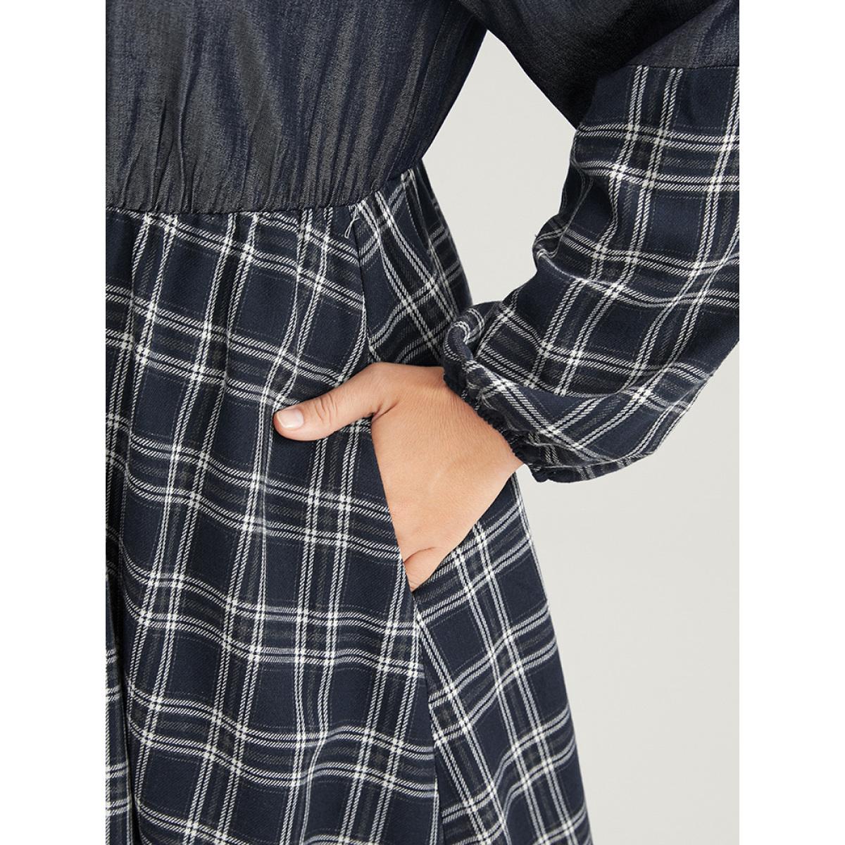 Plus Size Gingham Patchwork Button Pocket Shirt Collar Dress Without Belt Navy Women Office Patchwork Shirt collar Long Sleeve Curvy Midi Dress BloomChic 18-20/2X Product Image