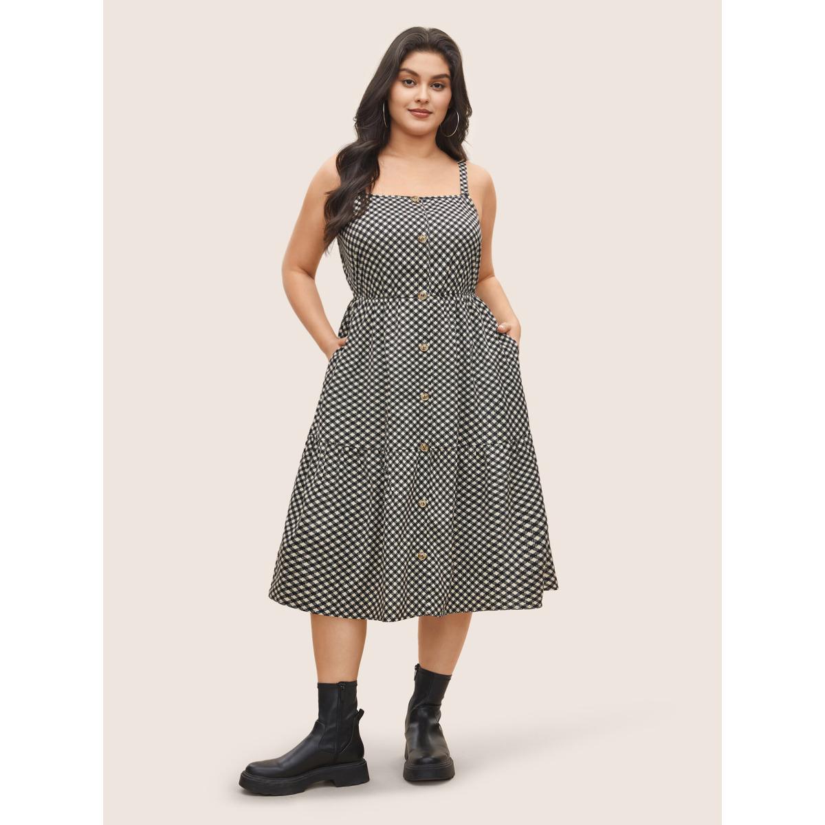 Plus Size Gingham Button Detail Patchwork Cami Dress Black Women Casual Non Non Sleeveless Curvy Midi Dress BloomChic 10/M Product Image