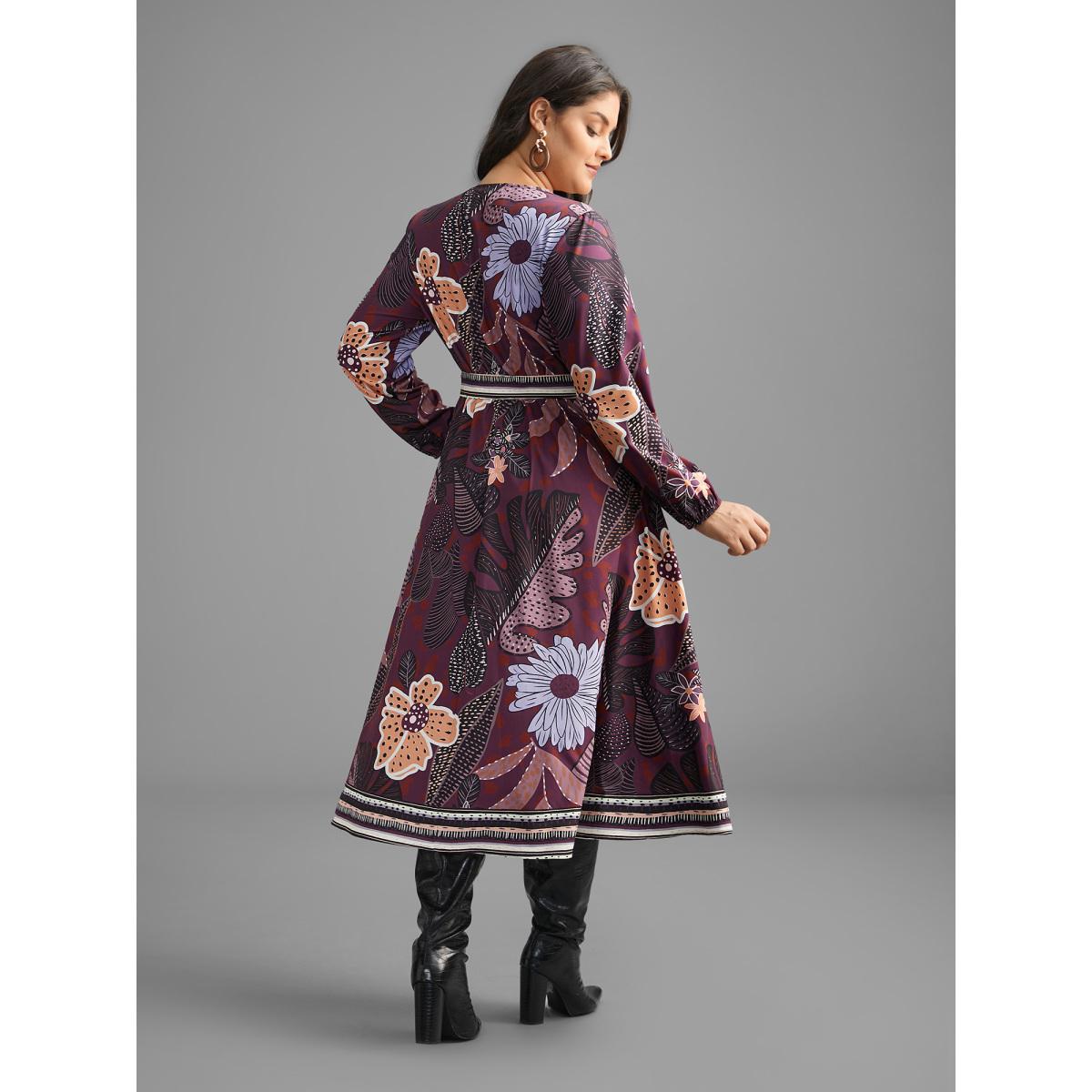 Plus Size Boho Print Belted Lantern Sleeve Dress Deeppurplered Women Resort Belted Overlap Collar Long Sleeve Curvy BloomChic 26/4X Product Image