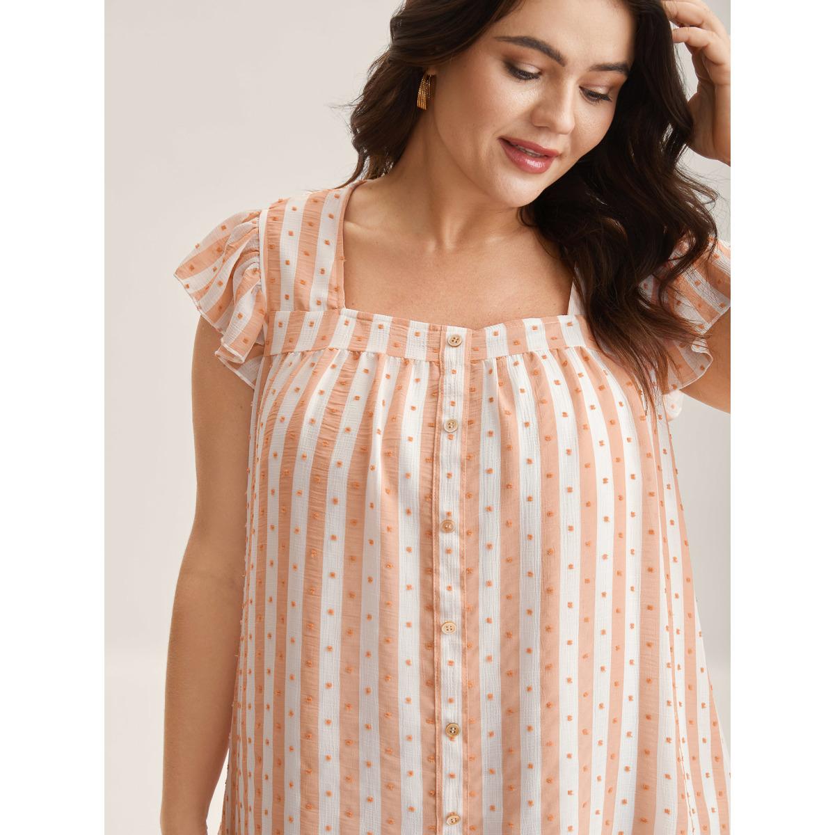 Plus Size Salmon Textured Stripe Print Flutter Sleeve Blouse Women Cap Sleeve Square Neck Everyday-Elegant Blouses BloomChic 26/4X Product Image