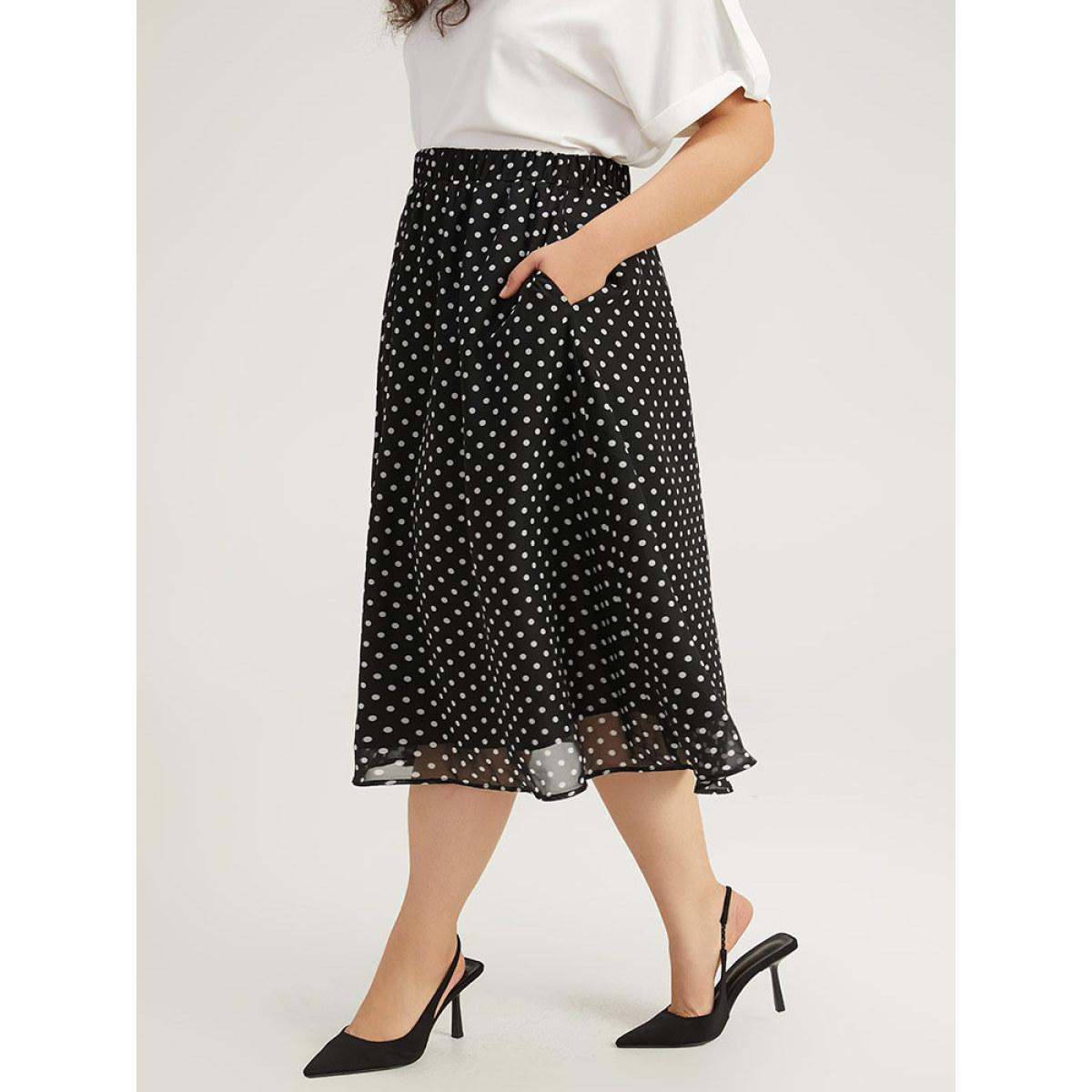 Plus Size Polka Dot Pocket Mesh Elastic Waist Skirt Women Black Office Lined No stretch Pocket Work Skirts BloomChic 26/4X Product Image