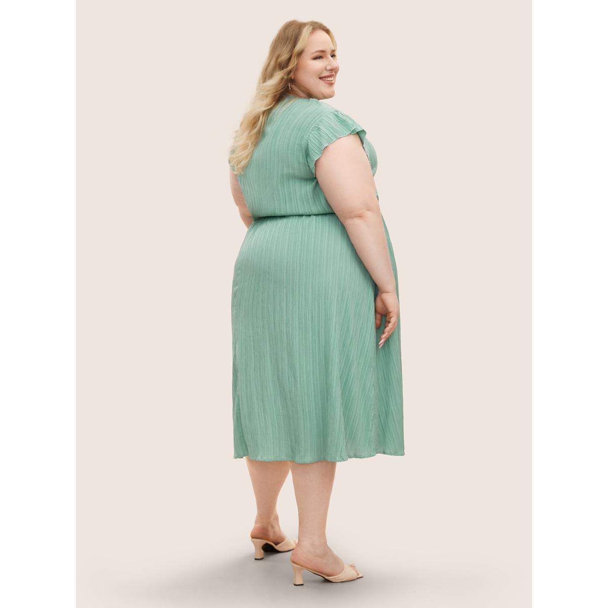 Plus Size Plain Cap Sleeve Ruffles Trim Mock Neck Pocket Dress Mint Women Elegant Pocket Round Neck Short sleeve Curvy Midi Dress BloomChic 18-20/2X Product Image