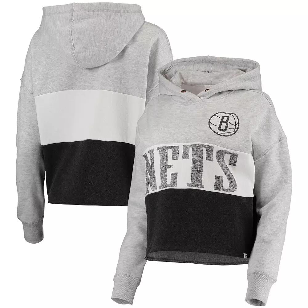 Women's '47 Heathered Gray/Heathered Black Brooklyn Nets Lizzy Cutoff Pullover Hoodie,  Product Image