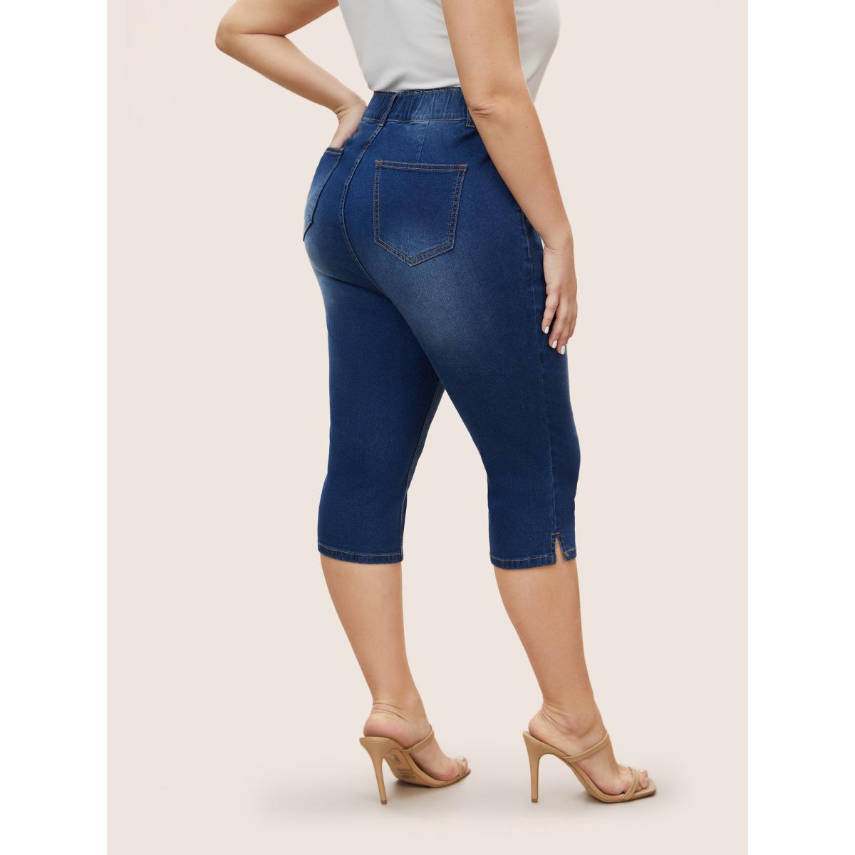 Plus Size Dark Wash Elastic Waist Split Side Jeans Women Blue Casual Slit High stretch Slanted pocket Jeans BloomChic 24/3X Product Image
