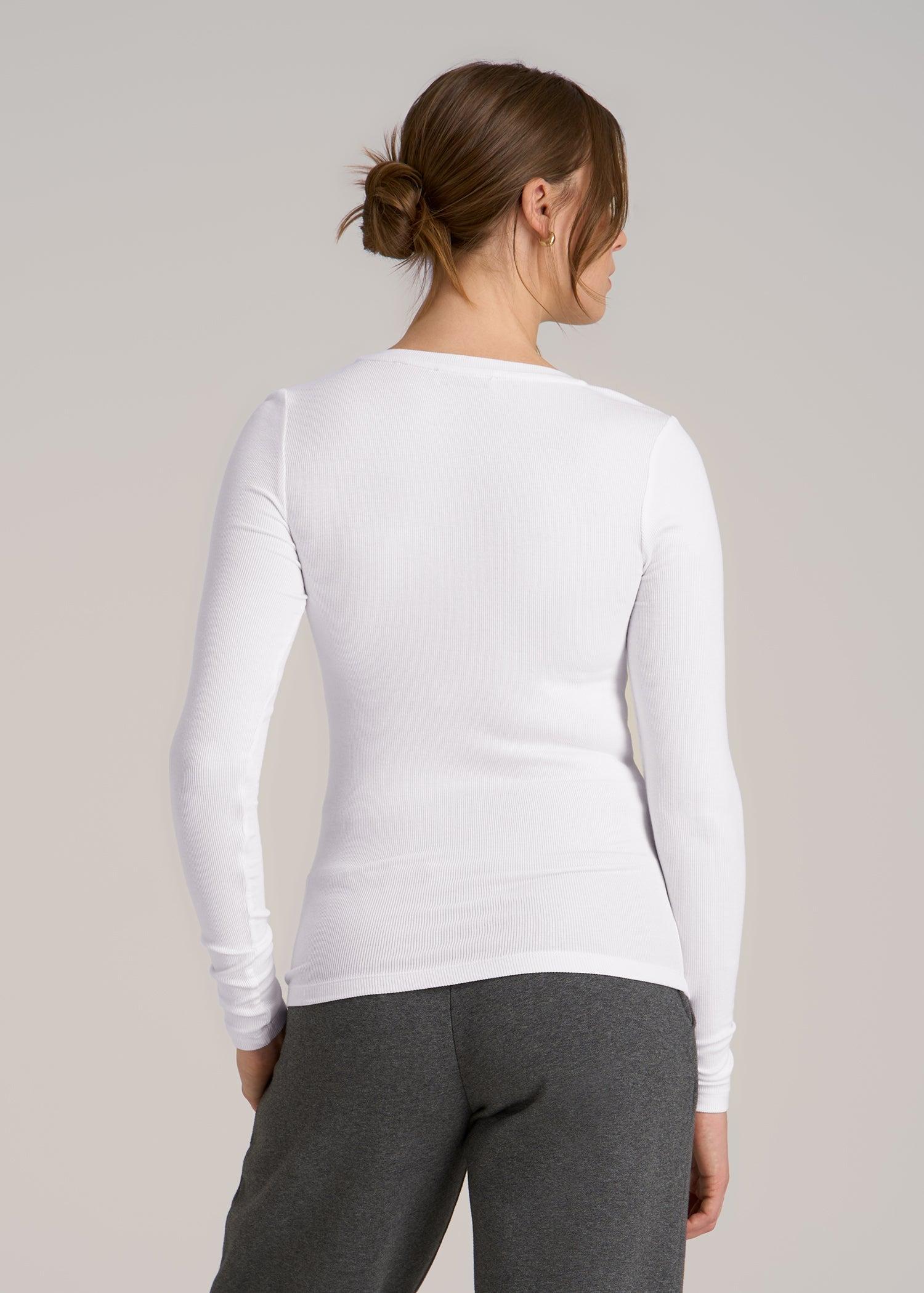 Fitted Ribbed Long Sleeve Henley for Tall Women in White Female Product Image