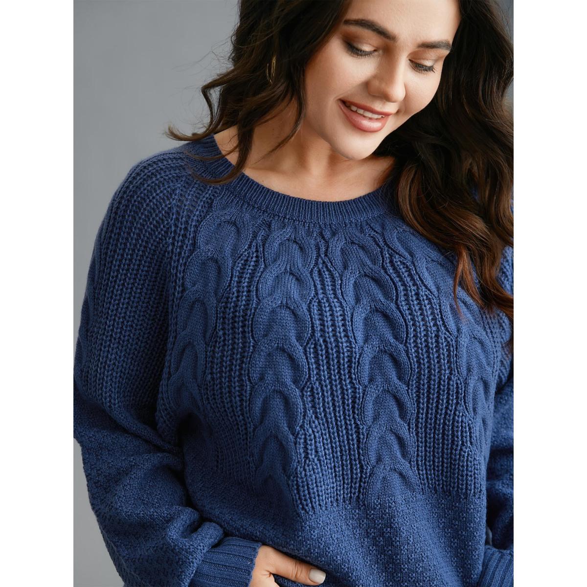 Plus Size Cable Knit Raglan Sleeve Round Neck Pullover Cerulean Women Casual Loose Long Sleeve Round Neck Everyday Pullovers BloomChic 26/4X Product Image